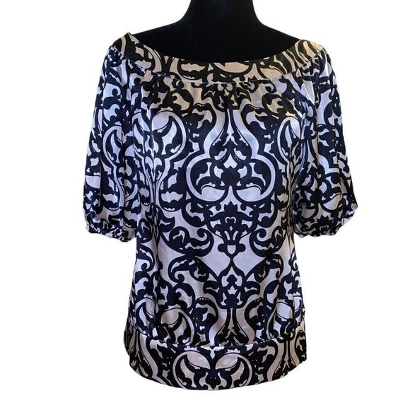 White House Black Market Cream and Black Pattern Top with Elbow Length Sleeves S - Picture 1 of 13